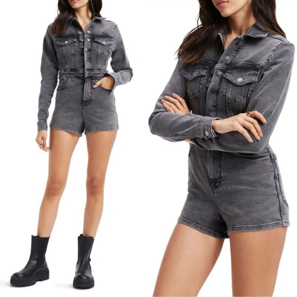Good American Black Gray Denim Romper Jean Long Sleeve Collared One Piece Sze 2 - Picture 1 of 11